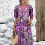 Robe Midi Fleurie Boutonnée à Manches Courtes