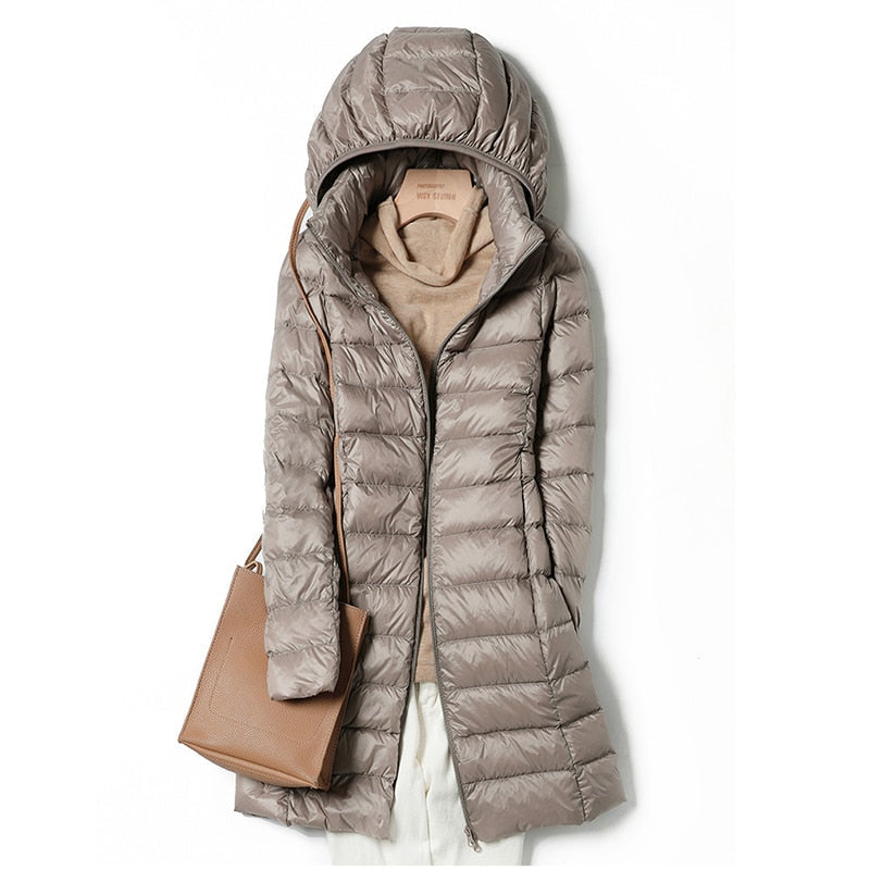 Doudoune Longue Brillante Capuche Ultra Chaude Élégance Hiver