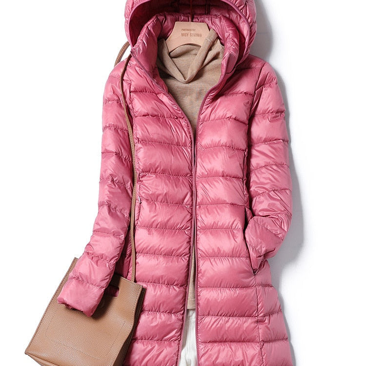 Doudoune Longue Brillante Capuche Ultra Chaude Élégance Hiver