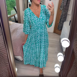 Robe Midi Imprimée à Col V et Manches Courtes