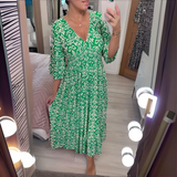 Robe Midi Imprimée à Col V et Manches Courtes