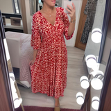 Robe Midi Imprimée à Col V et Manches Courtes