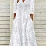 Robe Femme Blanche Brodée Élégante Col V