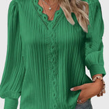 Blouse Plissée à Col V et Manches Longues
