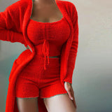 Ensemble Maille 3 Pièces Cardigan Crop Top Short Coupe Ajustée Chic