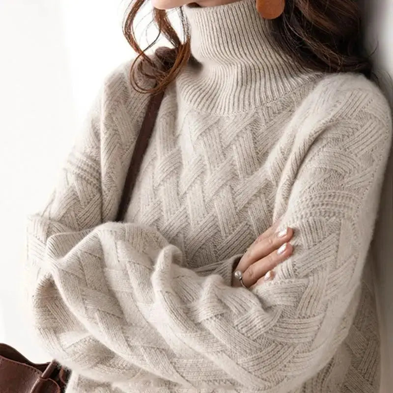 Pull Col Roulé Maille Tressée Douce Élégance Hiver