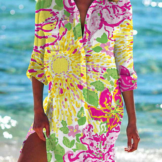Robe Chemise Imprimée Colorée Coupe Ample Style Plage Été
