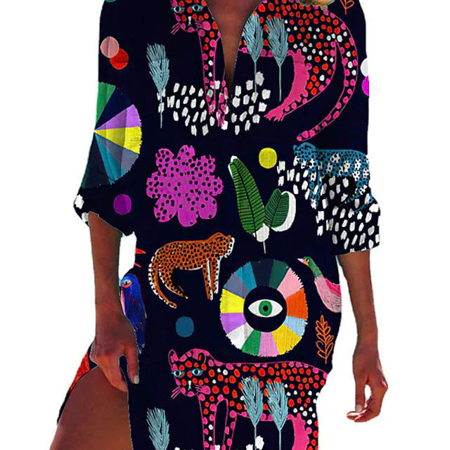 Robe Chemise Imprimée Colorée Coupe Ample Style Plage Été