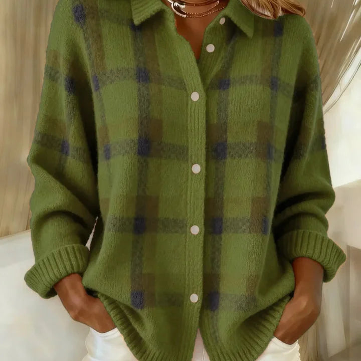 Pull femme à carreaux boutonné avec col