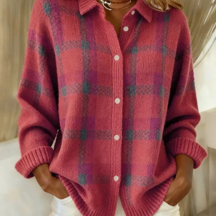Pull femme à carreaux boutonné avec col