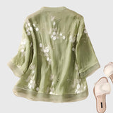 Blouse Brodée à Col Montant et Manches Trois-Quarts