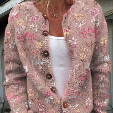 Cardigan Maille Fleurie Boutonné Coupe Décontractée Chic