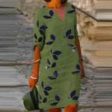 Robe Courte Col V Imprimé Feuilles Élégance Été
