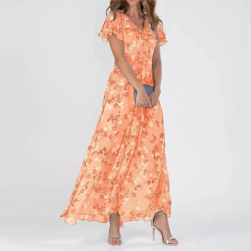 Robe Maxi Florale Volants Manches Courtes Élégance