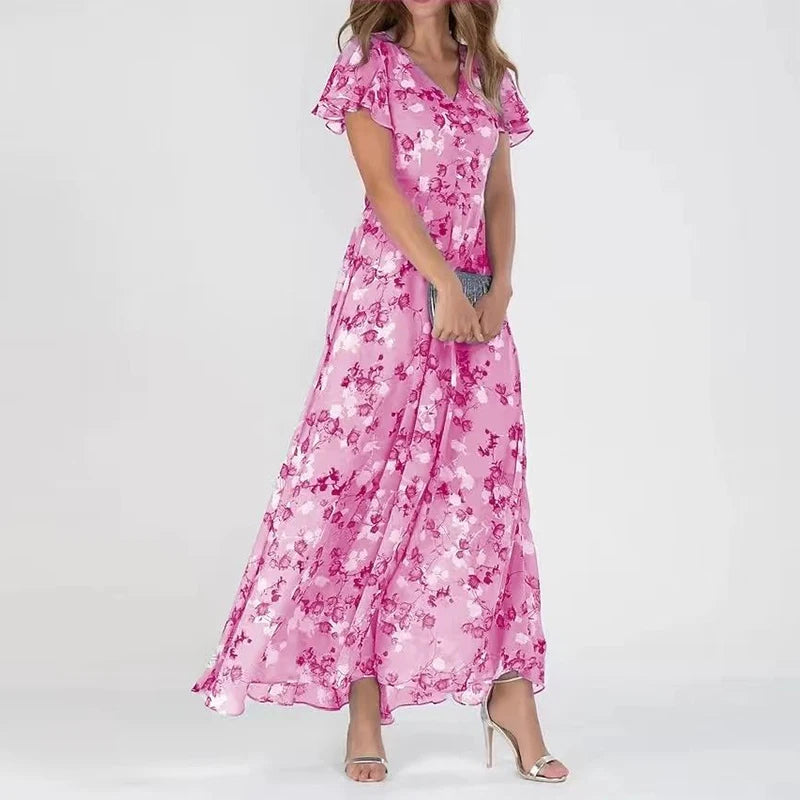 Robe Maxi Florale Volants Manches Courtes Élégance