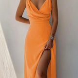 Robe Maxi Satinée Fendue Décolleté Élégance Soirée
