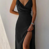 Robe Maxi Satinée Décolleté Drapé Fente Élégante