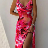 Robe Maxi Satinée Décolleté Drapé Fente Élégante