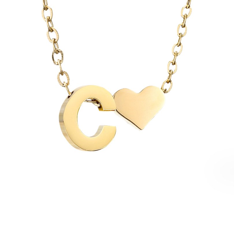 Collier Initiale avec Cœur, Acier Doré Ajustable