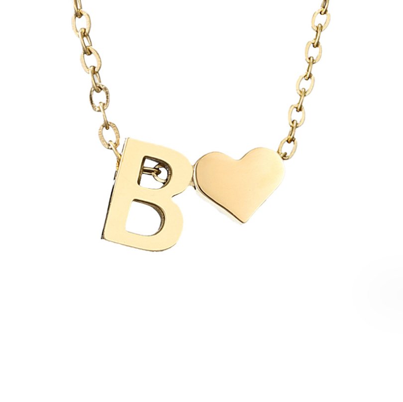 Collier Initiale avec Cœur, Acier Doré Ajustable
