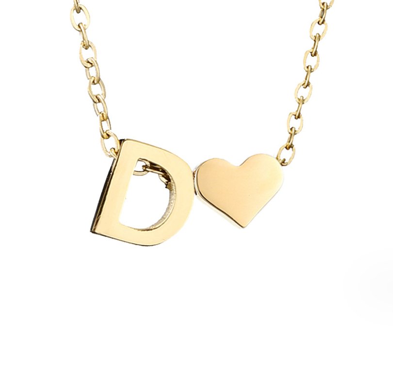 Collier Initiale avec Cœur, Acier Doré Ajustable