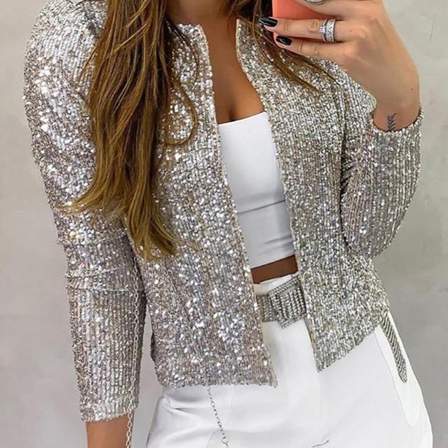 Glitrende Jakke Med Pailletter Elegant Fest Stil