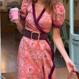 Robe Longue Fleurie à Manches Courtes et Fente