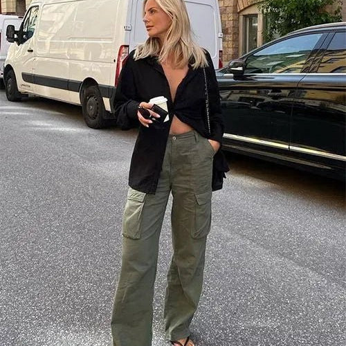 Pantalon cargo taille haute coupe large confortable