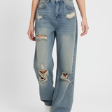 Jean Large Déchiré Taille Haute Style Urbain Tendance