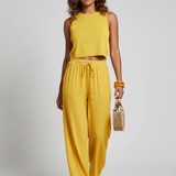 Pantalon Large Fluide Taille Haute Élégant Décontracté
