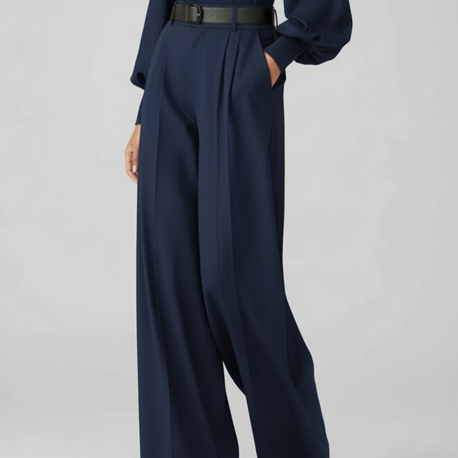 Pantalon Large Élégant Taille Haute Ceinturé Fluide