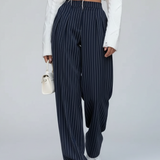 Pantalon Large Rayures Élégant Taille Haute Fluide