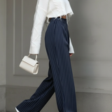 Pantalon Large Rayures Élégant Taille Haute Fluide