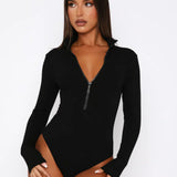 Body Zip Col V Coupe Ajustée Élégance Moderne