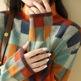 Pull femme à col roulé carreaux multicolores