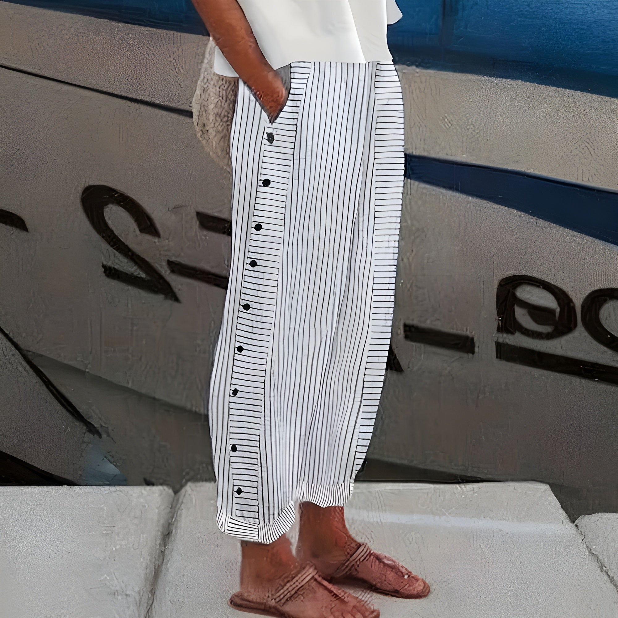 Pantalon rayé léger taille haute style bord de mer