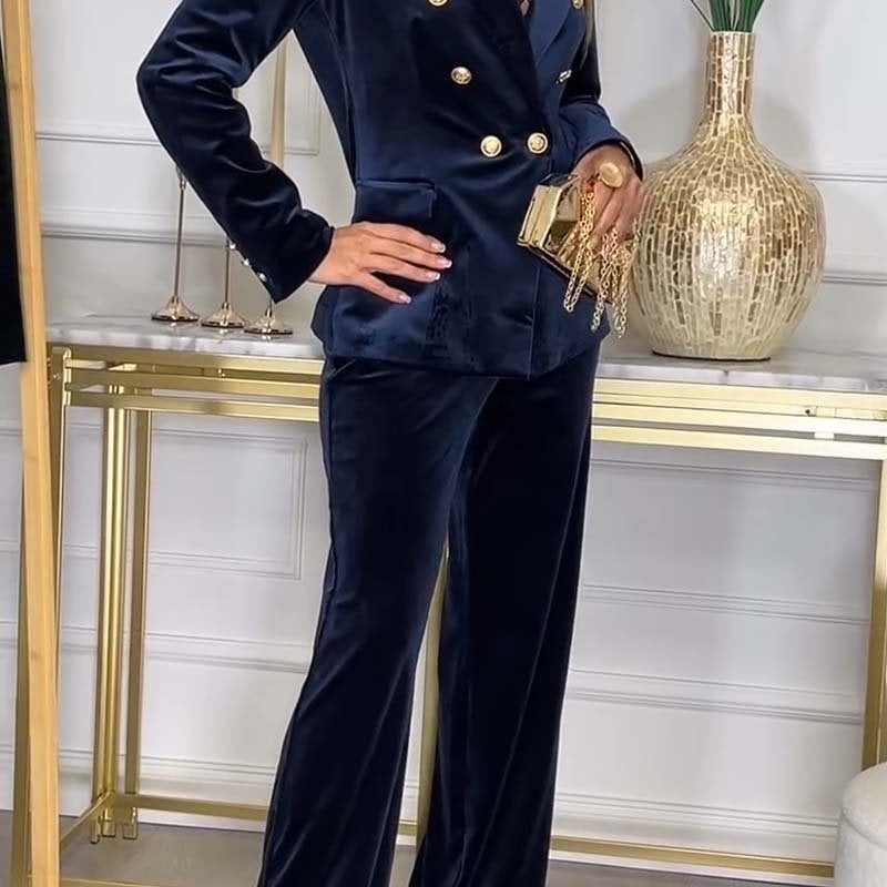 Ensemble Femme Velours Blazer Élégant et Pantalon Chic