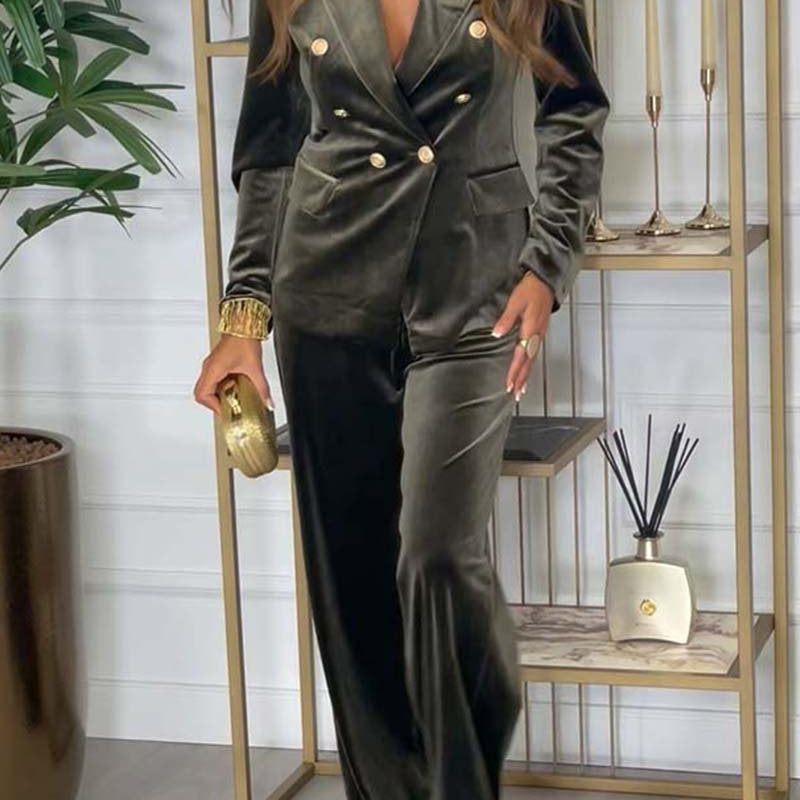 Ensemble Tailleur Velours Blazer Croisé Pantalon Chic