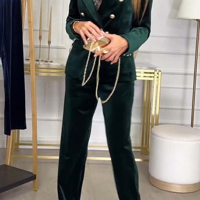 Ensemble Tailleur Velours Blazer Croisé Pantalon Chic