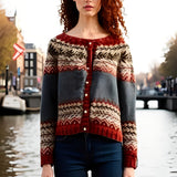 Cardigan Femme Motif Nordique – Gilet Boutonné Hiver