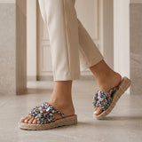 Sandales femme tressées à plateforme imprimé floral