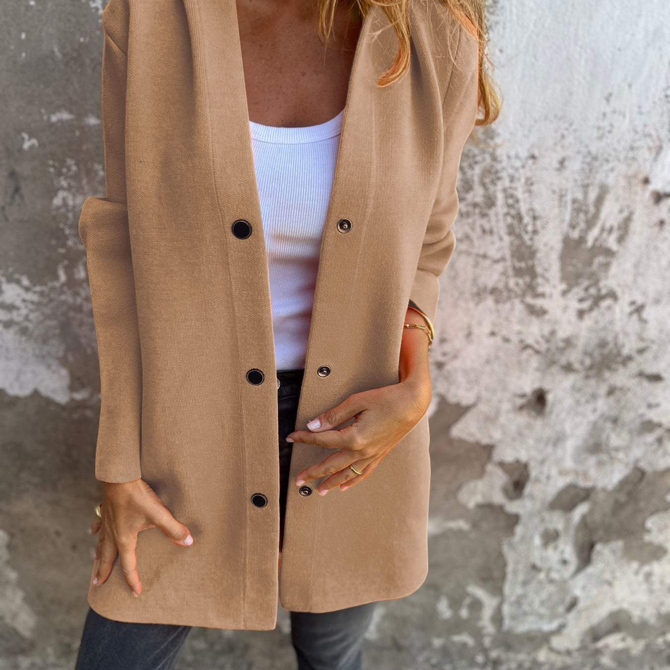 Manteau Mi Long Décontracté Boutonné Capuche Confort