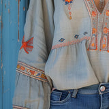 Blouse Bohème Femme Brodée – Haut Col V Élégant