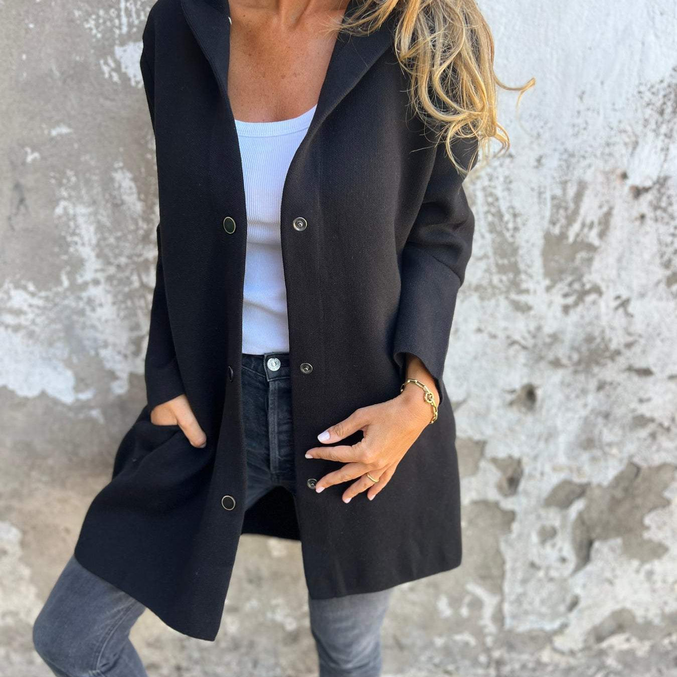 Manteau Mi Long Décontracté Boutonné Capuche Confort