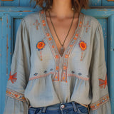Blouse Bohème Femme Brodée – Haut Col V Élégant