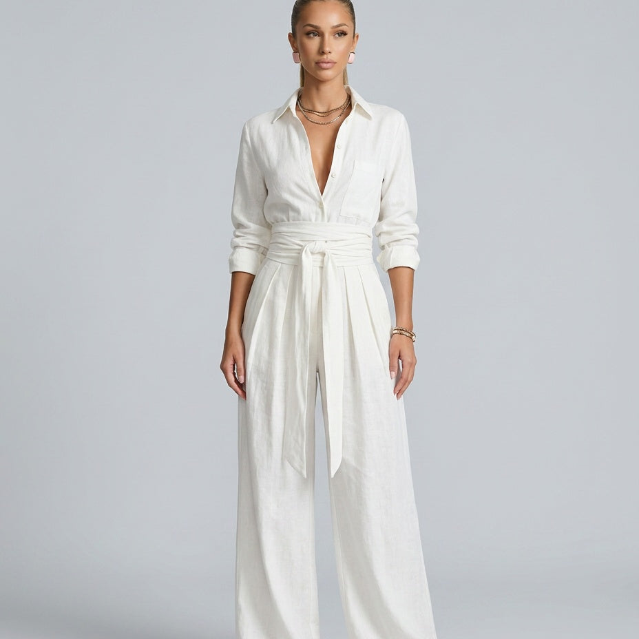 Combinaison femme en lin et coton avec ceinture