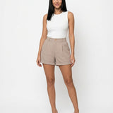 Short femme large taille haute à revers en coton mélangé