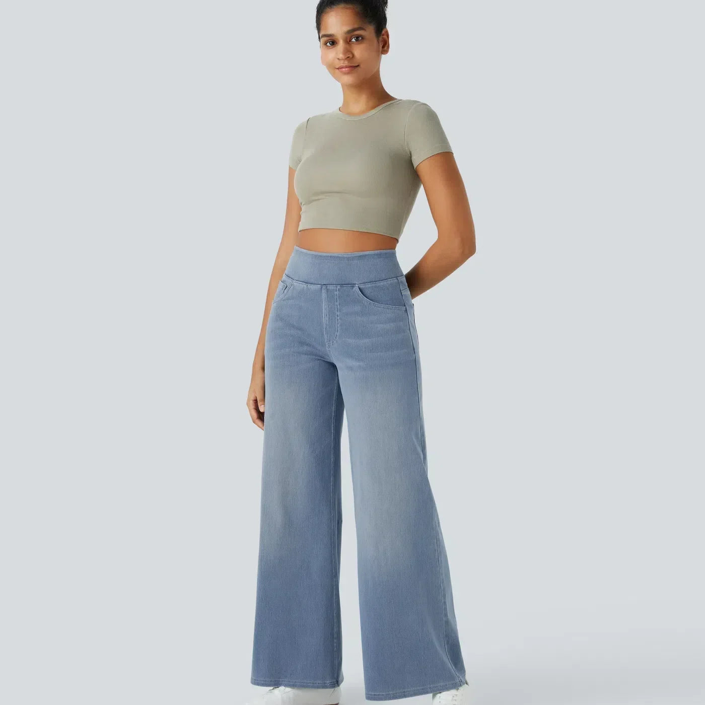 Jean large taille haute extensible silhouette élégante