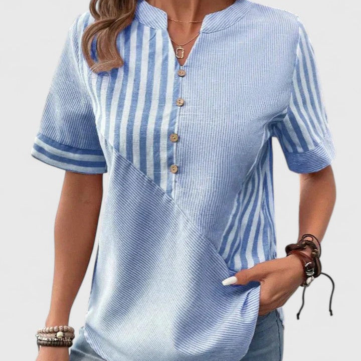 Blouse Rayée à Col V et Manches Courtes