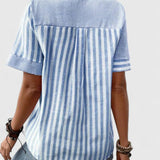 Blouse Rayée à Col V et Manches Courtes